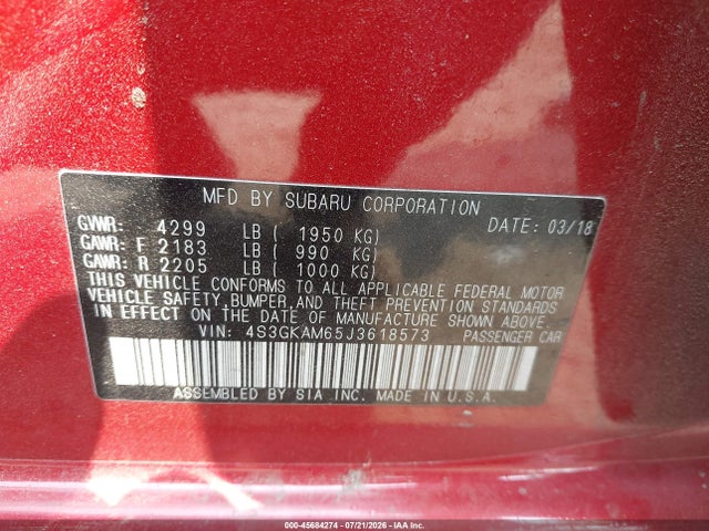 45684274 :رقم المزاد ، 4S3GKAM65J3618573 vin ، 2018 Subaru Impreza 2.0i Sport مزاد بيع