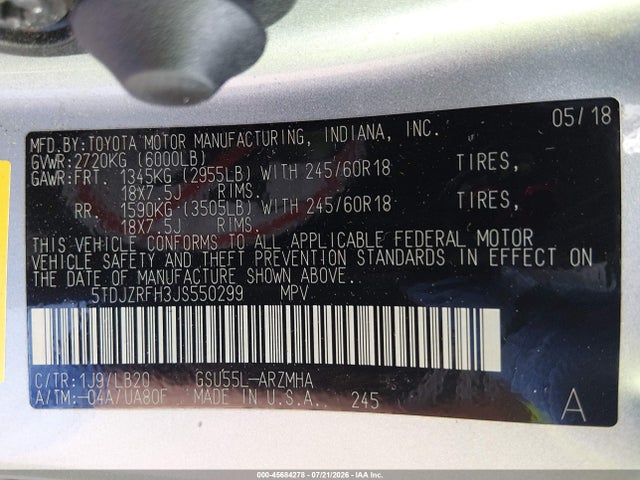 5TDJZRFH3JS550299 Toyota Highlander Xle
