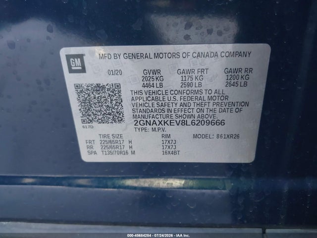 2GNAXKEV8L6209666 Chevrolet Equinox Fwd Lt 1.5l Turbo