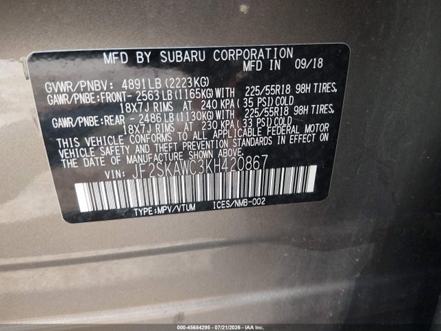 2019 Subaru Forester Touring მანქანა იყიდება აუქციონზე, vin: JF2SKAWC3KH420867, აუქციონის ნომერი: 45684295