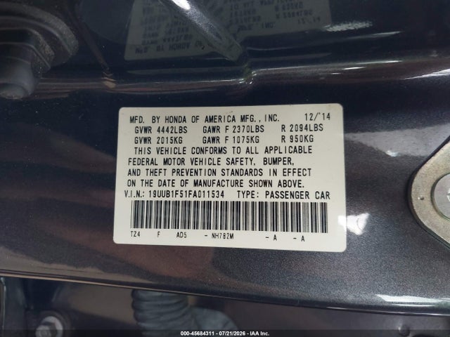 Продаж на аукціоні авто 2015 Acura Tlx Tech, vin: 19UUB1F51FA011534, номер лоту: 45684311