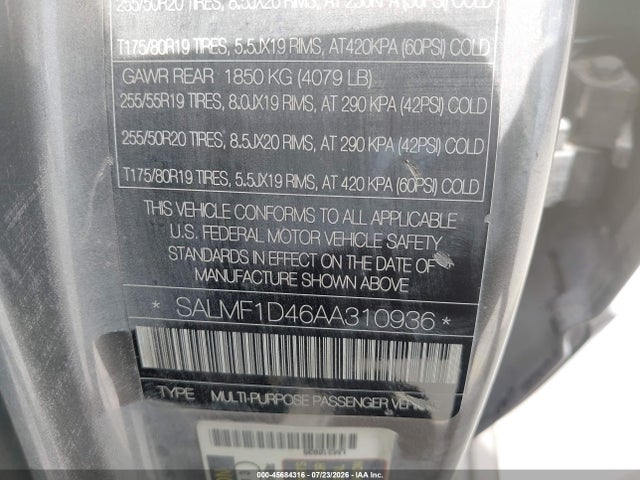 45684316 :رقم المزاد ، SALMF1D46AA310936 vin ، 2010 Land Rover Range Rover Hse مزاد بيع