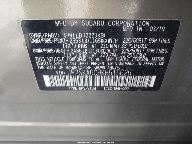 Продаж на аукціоні авто 2019 Subaru Forester Premium, vin: JF2SKAGC9KH515626, номер лоту: 45684317