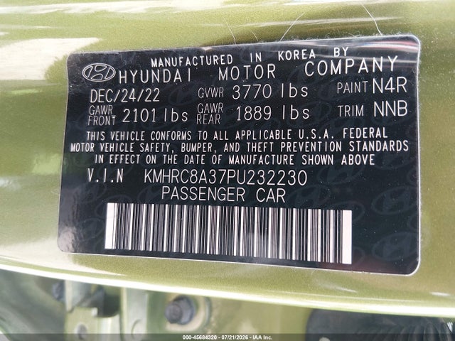 Aukcja sprzedaży 2023 Hyundai Venue Sel, vin: KMHRC8A37PU232230, numer aukcji: 45684320