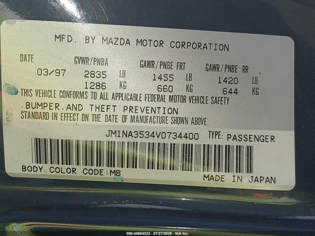 45684323 :رقم المزاد ، JM1NA3534V0734400 vin ، 1997 Mazda Mx-5 Miata Leather Pkg/m Edition/popular Equipment Pkg/r Pkg./sto/sto-edition/touring Pkg مزاد بيع