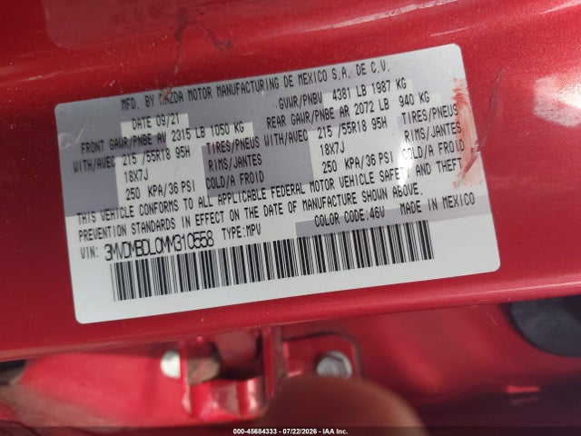 45684333 :رقم المزاد ، 3MVDMBDL0MM310558 vin ، 2021 Mazda Cx-30 Premium مزاد بيع
