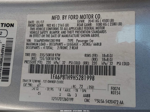45684339 :رقم المزاد ، 1FA6P8TH9H5281998 vin ، 2017 Ford Mustang Ecoboost مزاد بيع