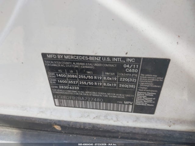 45684340 :رقم المزاد ، 4JGBB2FB2BA727480 vin ، 2011 Mercedes-benz Ml 350 Bluetec 4matic مزاد بيع