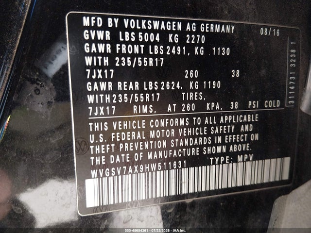 WVGSV7AX9HW511631 Volkswagen Tiguan 2.0t Wolfsburg Edition