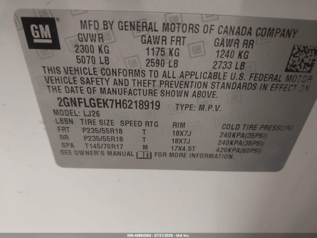 Aukcja sprzedaży 2017 Chevrolet Equinox Premier, vin: 2GNFLGEK7H6218919, numer aukcji: 45684364