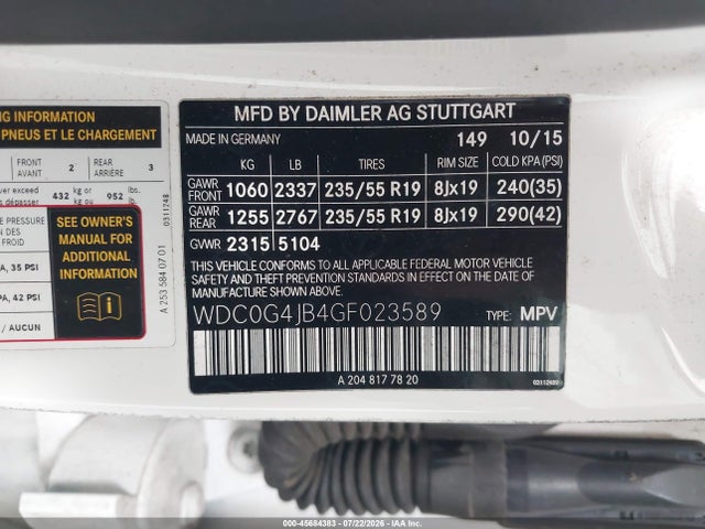 Aukcja sprzedaży 2016 Mercedes-benz Glc 300, vin: WDC0G4JB4GF023589, numer aukcji: 45684383