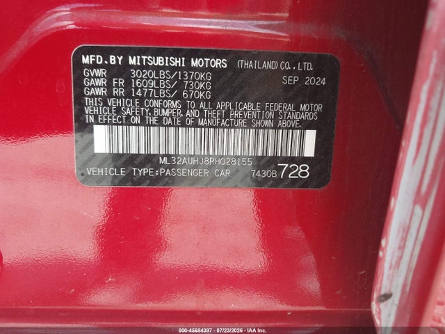 Продажа на аукционе авто 2024 Mitsubishi Mirage Es/le, vin: ML32AUHJ8RH028155, номер лота: 45684397