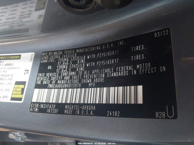 Aukcja sprzedaży 2022 Toyota Corolla Cross Le, vin: 7MUCAABG0NV013979, numer aukcji: 45684416