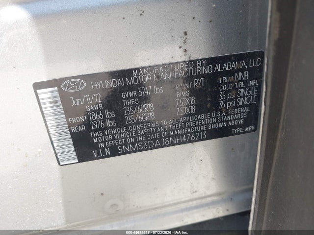Hyundai Santa Fe Sel 2022 5NMS3DAJ8NH476213 Image 9