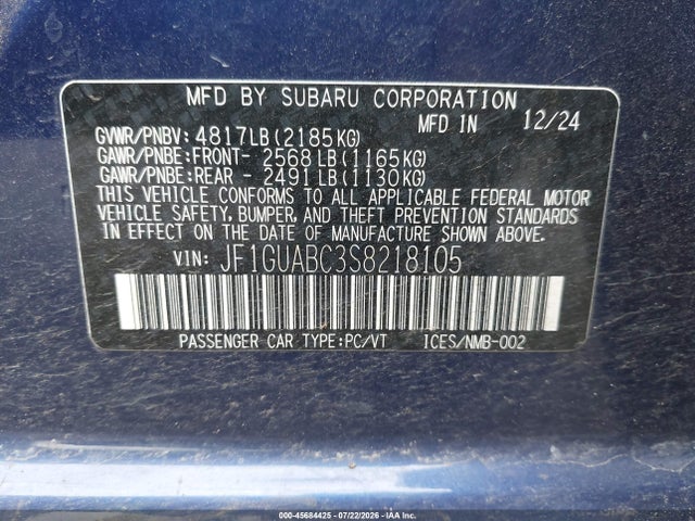 2025 Subaru Impreza Base 5-door მანქანა იყიდება აუქციონზე, vin: JF1GUABC3S8218105, აუქციონის ნომერი: 45684425