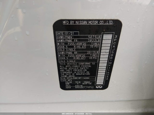 Продаж на аукціоні авто 2021 Infiniti Qx50 Luxe Awd, vin: 3PCAJ5BB1MF116084, номер лоту: 45684436