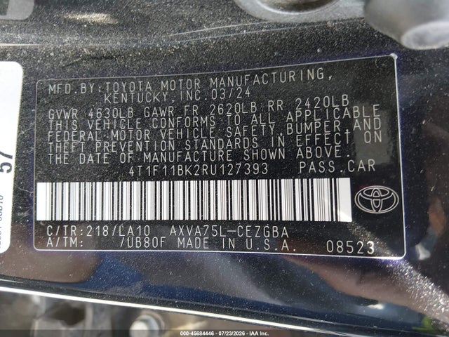 Aukcja sprzedaży 2024 Toyota Camry Xle, vin: 4T1F11BK2RU127393, numer aukcji: 45684446