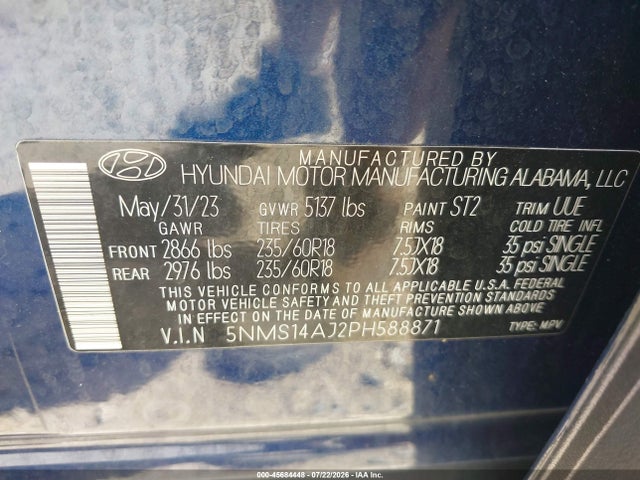 Продаж на аукціоні авто 2023 Hyundai Santa Fe Se, vin: 5NMS14AJ2PH588871, номер лоту: 45684448