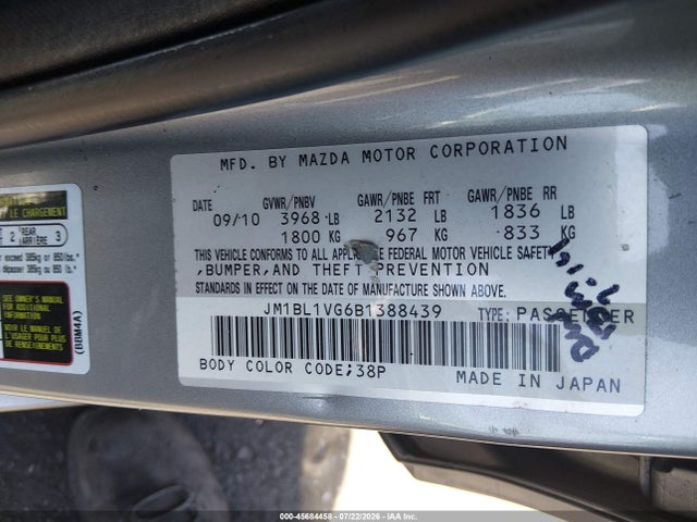45684458 :رقم المزاد ، JM1BL1VG6B1388439 vin ، 2011 Mazda Mazda3 I Touring مزاد بيع