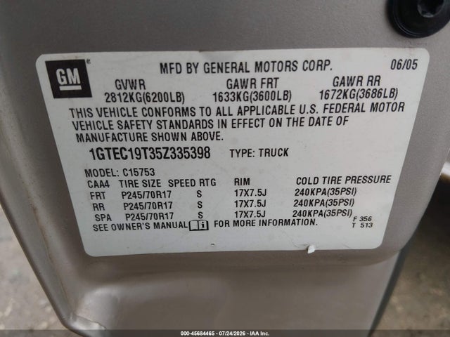 Продаж на аукціоні авто 2005 Gmc Sierra 1500 Sle, vin: 1GTEC19T35Z335398, номер лоту: 45684465