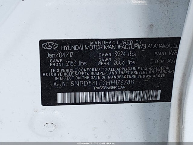5NPD84LF2HH176788 Hyundai Elantra Value Edition