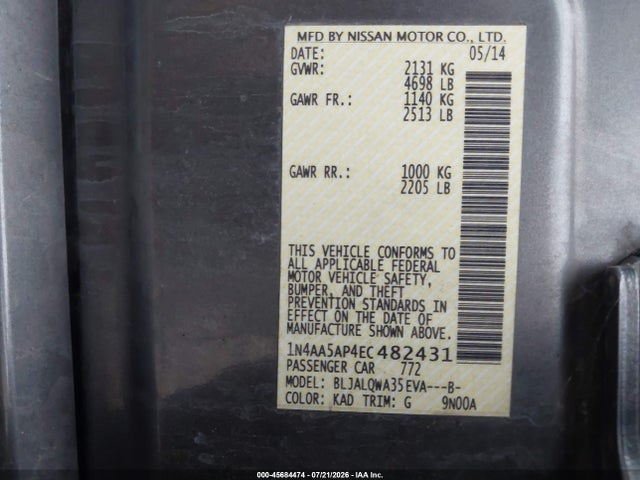 45684474 :رقم المزاد ، 1N4AA5AP4EC482431 vin ، 2014 Nissan Maxima 3.5 S/3.5 Sv مزاد بيع
