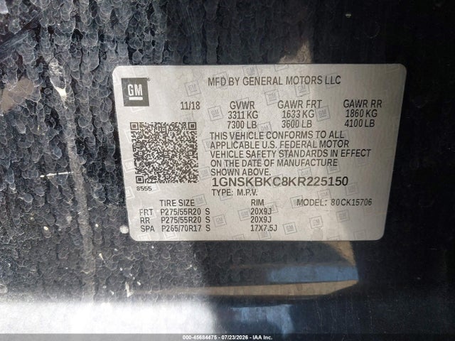 Aukcja sprzedaży 2019 Chevrolet Tahoe Lt, vin: 1GNSKBKC8KR225150, numer aukcji: 45684475