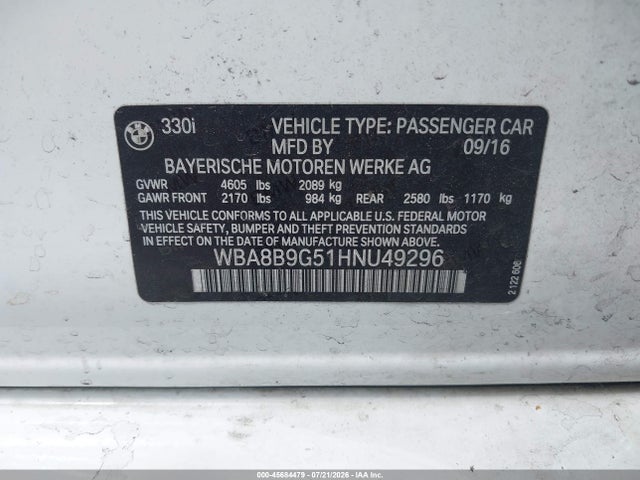 45684479 :رقم المزاد ، WBA8B9G51HNU49296 vin ، 2017 Bmw 3 Series 330i مزاد بيع