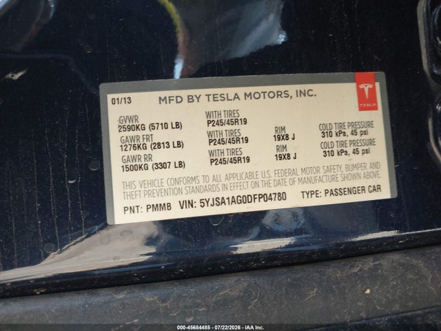 45684485 :رقم المزاد ، 5YJSA1AG0DFP04780 vin ، 2013 Tesla Model S مزاد بيع