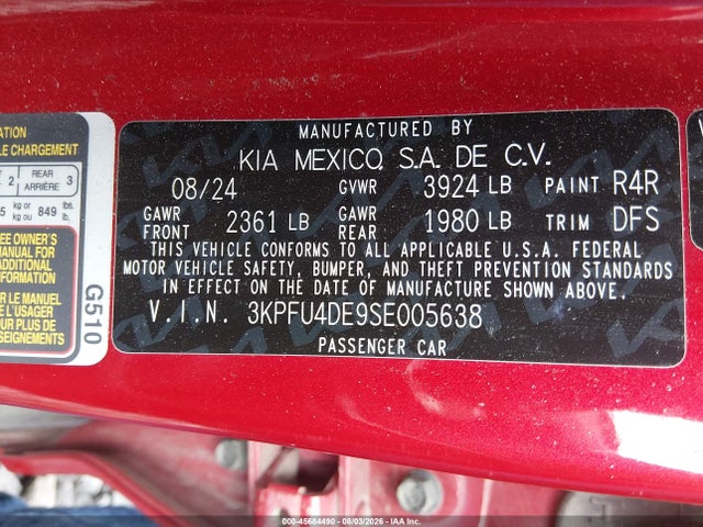 Aukcja sprzedaży 2025 Kia K4 Ex, vin: 3KPFU4DE9SE005638, numer aukcji: 45684490