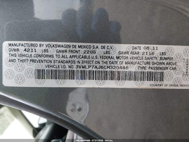 Продаж на аукціоні авто 2012 Volkswagen Jetta 2.5l Sel, vin: 3VWLP7AJ6CM320446, номер лоту: 45684496