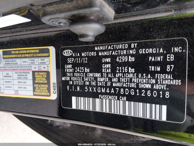 Продаж на аукціоні авто 2013 Kia Optima Lx, vin: 5XXGM4A78DG126018, номер лоту: 45684524