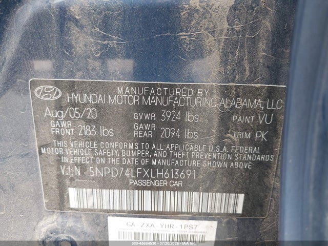 2020 Hyundai Elantra Se მანქანა იყიდება აუქციონზე, vin: 5NPD74LFXLH613691, აუქციონის ნომერი: 45684530