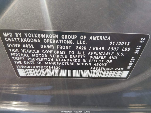2013 Volkswagen Passat 2.0l Tdi Sel Premium მანქანა იყიდება აუქციონზე, vin: 1VWCN7A33DC084820, აუქციონის ნომერი: 45684537