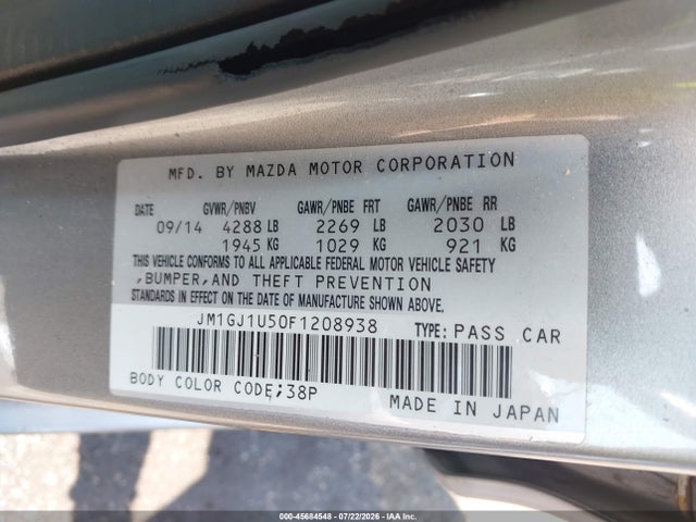 2015 Mazda Mazda6 I Sport მანქანა იყიდება აუქციონზე, vin: JM1GJ1U50F1208938, აუქციონის ნომერი: 45684548