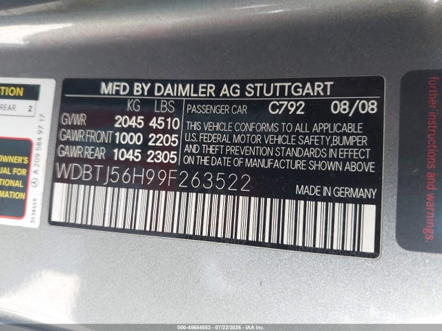 Aukcja sprzedaży 2009 Mercedes-benz Clk 350, vin: WDBTJ56H99F263522, numer aukcji: 45684553