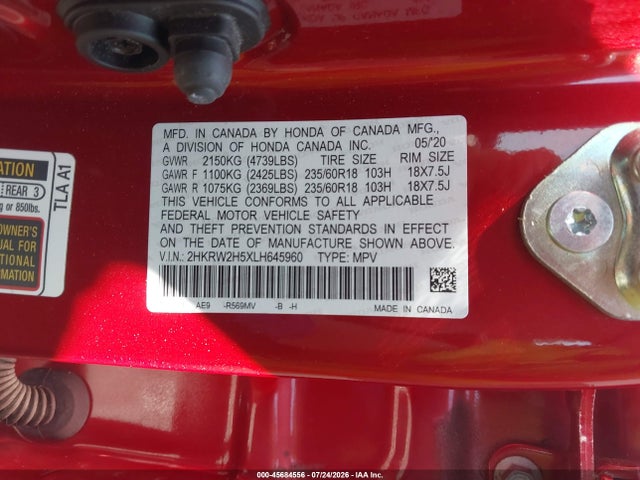 Продажа на аукционе авто 2020 Honda Cr-v Awd Ex, vin: 2HKRW2H5XLH645960, номер лота: 45684556