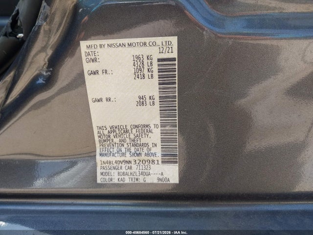 Продажа на аукционе авто 2022 Nissan Altima Sv Fwd, vin: 1N4BL4DV9NN320981, номер лота: 45684560