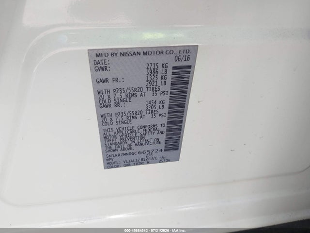 Продаж на аукціоні авто 2016 Nissan Pathfinder Platinum, vin: 5N1AR2MN0GC665724, номер лоту: 45684582