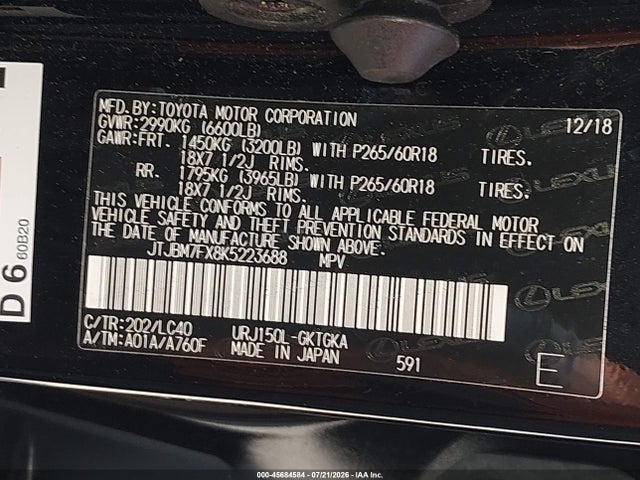 Продажа на аукционе авто 2019 Lexus Gx 460 Premium, vin: JTJBM7FX8K5223688, номер лота: 45684584