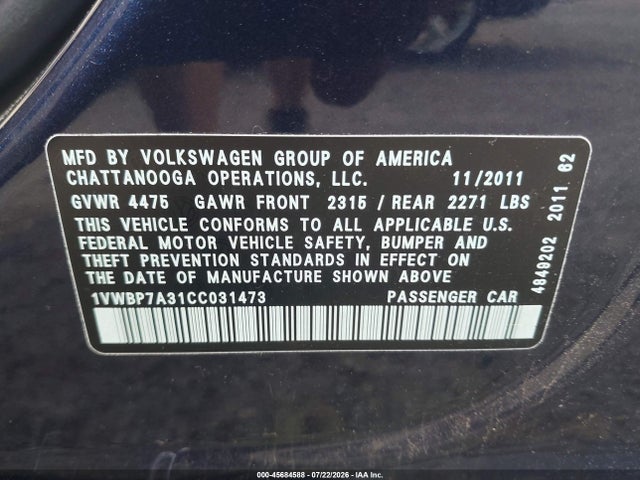 2012 Volkswagen Passat 2.5l Se მანქანა იყიდება აუქციონზე, vin: 1VWBP7A31CC031473, აუქციონის ნომერი: 45684588