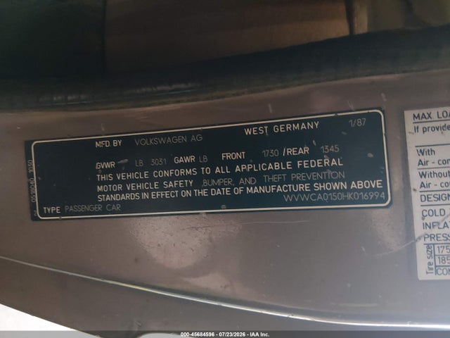 Aukcja sprzedaży 1987 Volkswagen Cabriolet, vin: WVWCA0150HK016994, numer aukcji: 45684596