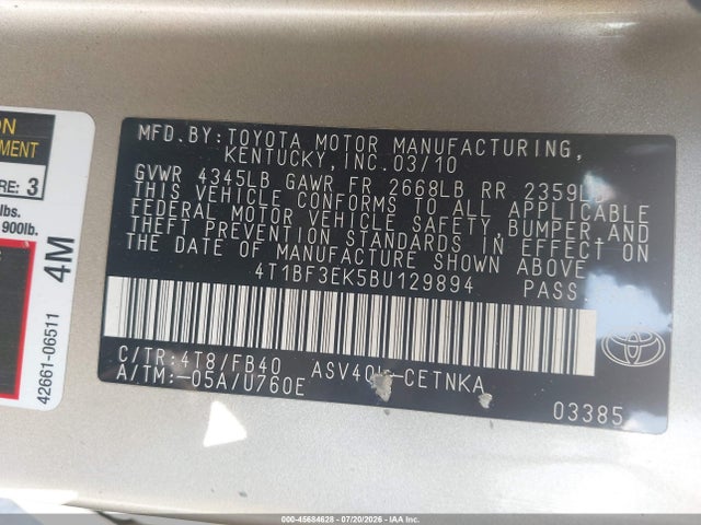 2011 Toyota Camry Le მანქანა იყიდება აუქციონზე, vin: 4T1BF3EK5BU129894, აუქციონის ნომერი: 45684628
