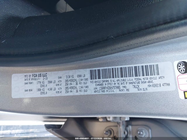 Продаж на аукціоні авто 2019 Ram 1500 Limited  4x4 5'7 Box, vin: 1C6RRFHG5KN757085, номер лоту: 45684651