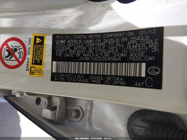 Продажа на аукционе авто 2013 Lexus Es 350, vin: JTHBK1GG0D2045864, номер лота: 45684652
