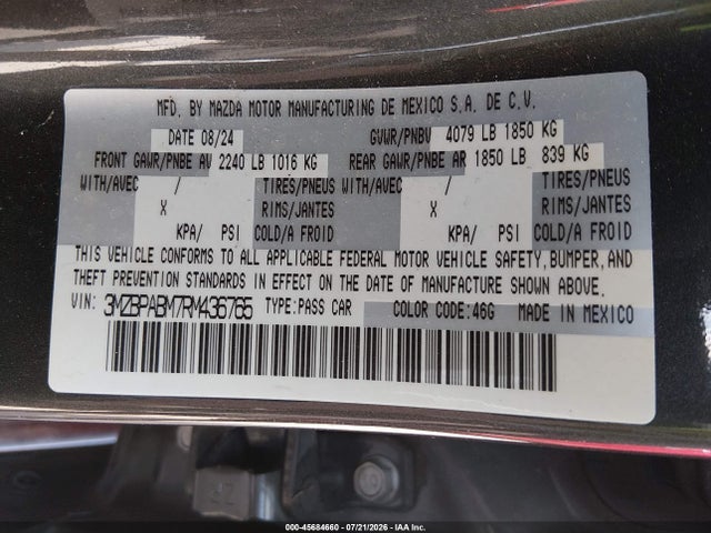 Aukcja sprzedaży 2024 Mazda Mazda3 2.5 S Select Sport, vin: 3MZBPABM7RM436765, numer aukcji: 45684660