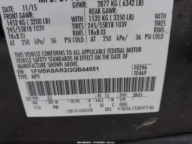 Продаж на аукціоні авто 2016 Ford Utility Police Interceptor, vin: 1FM5K8AR2GGB44951, номер лоту: 45684671