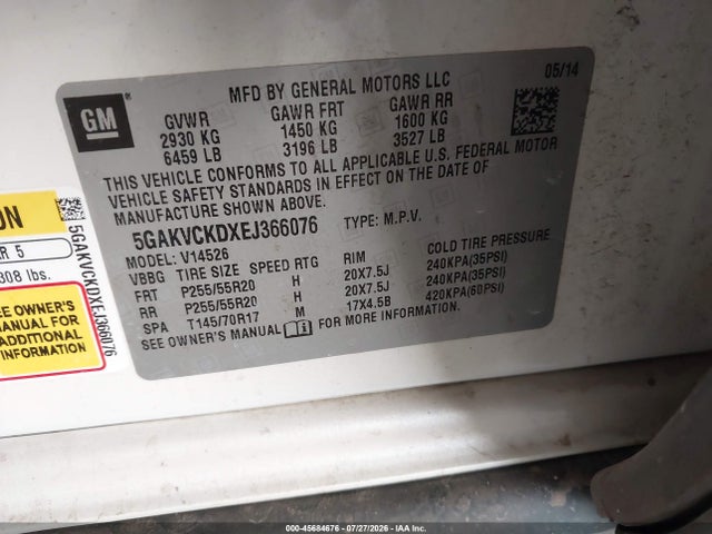 2014 Buick Enclave Premium მანქანა იყიდება აუქციონზე, vin: 5GAKVCKDXEJ366076, აუქციონის ნომერი: 45684676