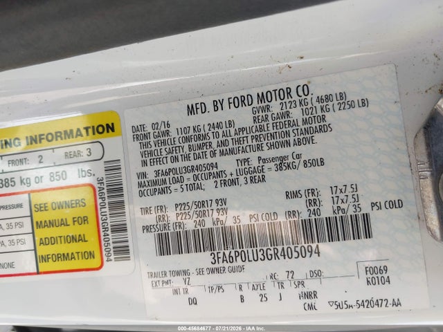 Продажа на аукционе авто 2016 Ford Fusion Hybrid Se, vin: 3FA6P0LU3GR405094, номер лота: 45684677