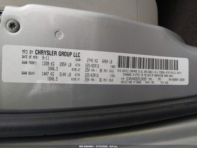 2012 Volkswagen Routan S მანქანა იყიდება აუქციონზე, vin: 2C4RVAAG9CR120397, აუქციონის ნომერი: 45684681